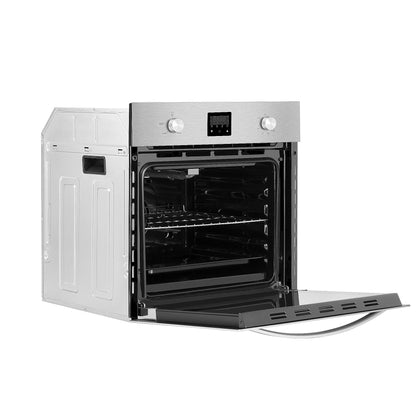An Empava 24 in. 2.3 Cu. Ft. Single Gas Wall Oven, designed exclusively for natural gas, is displayed with its door open. The oven's stainless steel interior showcases multiple adjustable racks and a digital control panel on the front. Two control knobs are visible above the door, which lies flat against the surface when opened.4