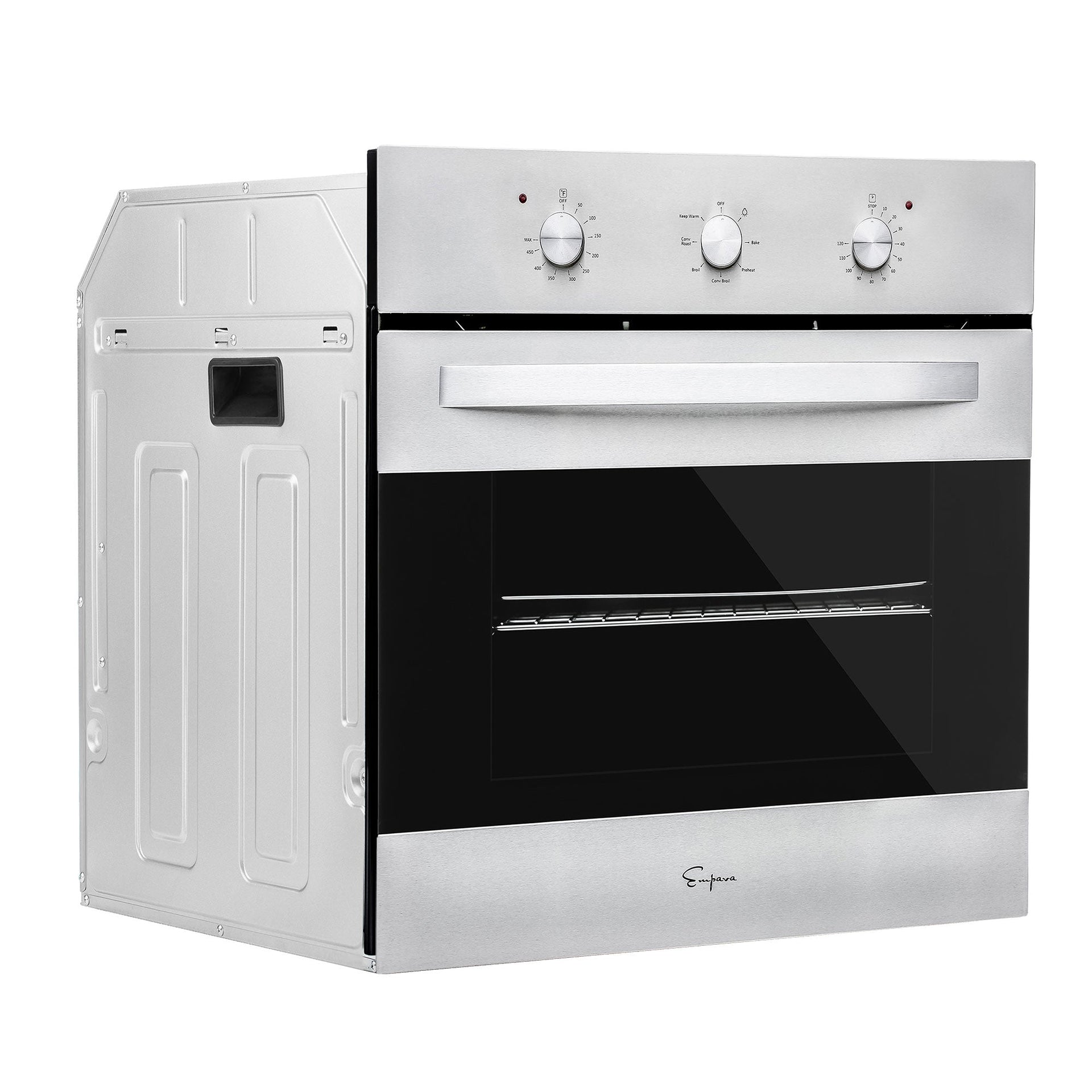 the-empava-24-in-electric-single-wall-oven-is-a-silver-built-in-electric-oven-featuring-a-black-glass-front-three-control-knobs-for-temperature-and-settings-and-a-sleek-handle-on-the-door-inside-a-removable-metal-rack-is-visible-the-side-panel-is-partially-shown