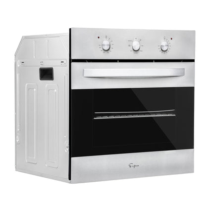 The Empava 24 in. Electric Single Wall Oven is a silver, built-in electric oven featuring a black glass front, three control knobs for temperature and settings, and a sleek handle on the door. Inside, a removable metal rack is visible. The side panel is partially shown.2