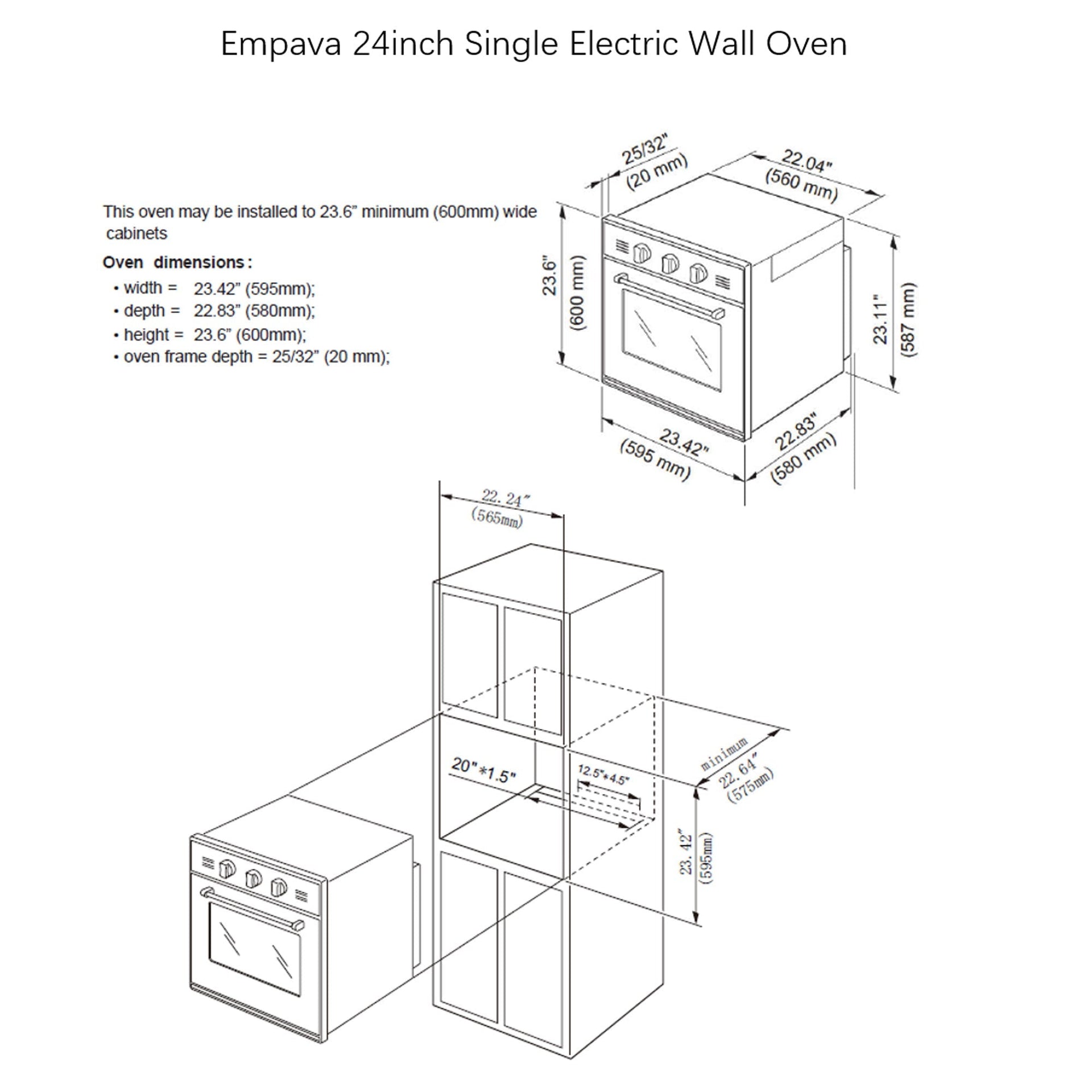 diagram-of-the-empava-24-in-electric-single-wall-oven-with-detailed-dimensions-and-installation-requirements-part-of-the-renowned-empava-appliances-collection-this-oven-measures-23-42-inches-wide-22-64-inches-deep-23-6-inches-high-and-has-an-overall-frame-depth-of-25-32-inches