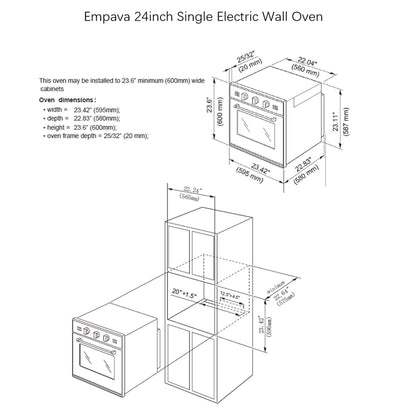 Diagram of the Empava 24 in. Electric Single Wall Oven with detailed dimensions and installation requirements. Part of the renowned Empava appliances collection, this oven measures 23.42 inches wide, 22.64 inches deep, 23.6 inches high, and has an overall frame depth of 25.32 inches.7
