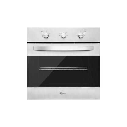 The Empava 24 in. Electric Single Wall Oven, a silver built-in model from Empava appliances, showcases a sleek and modern design with a black glass front and single-door handle. It features three control knobs on the top panel and includes a single internal rack for convenient cooking.1