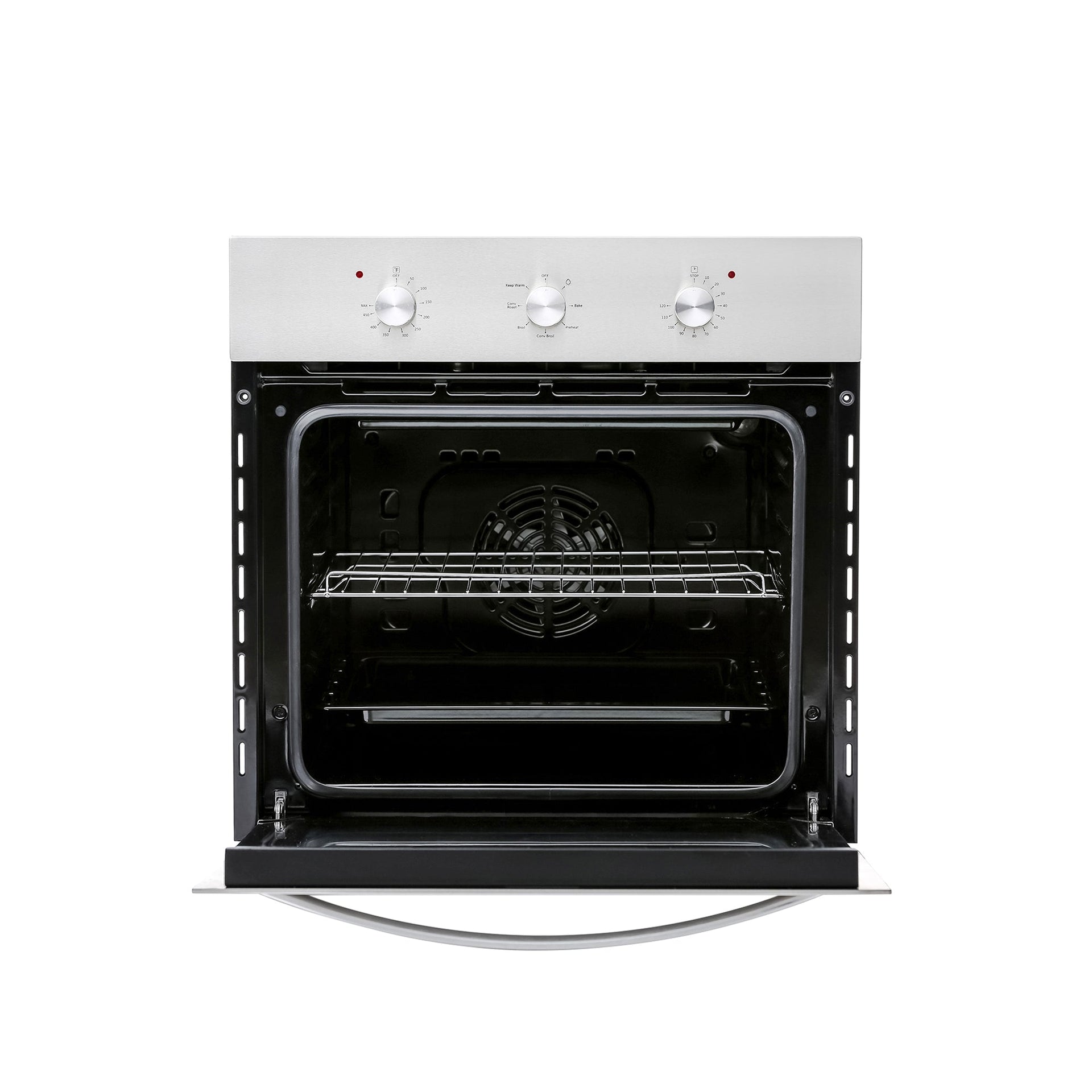 an-empava-24-in-electric-single-wall-oven-with-a-stainless-steel-exterior-stands-open-revealing-its-interior-the-oven-is-equipped-with-three-control-knobs-on-the-top-panel-and-contains-one-wire-rack-inside-the-sleek-black-interior-showcases-visible-heating-elements-and-a-fan-at-the-back-of-the-cavity-reflecting-the-quality-craftsmanship-of-empava-appliances