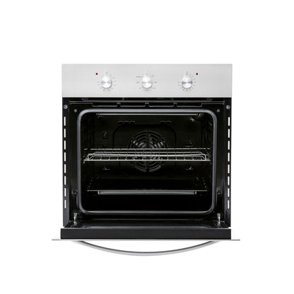 An Empava 24 in. Electric Single Wall Oven with a stainless steel exterior stands open, revealing its interior. The oven is equipped with three control knobs on the top panel and contains one wire rack inside. The sleek black interior showcases visible heating elements and a fan at the back of the cavity, reflecting the quality craftsmanship of Empava appliances.3