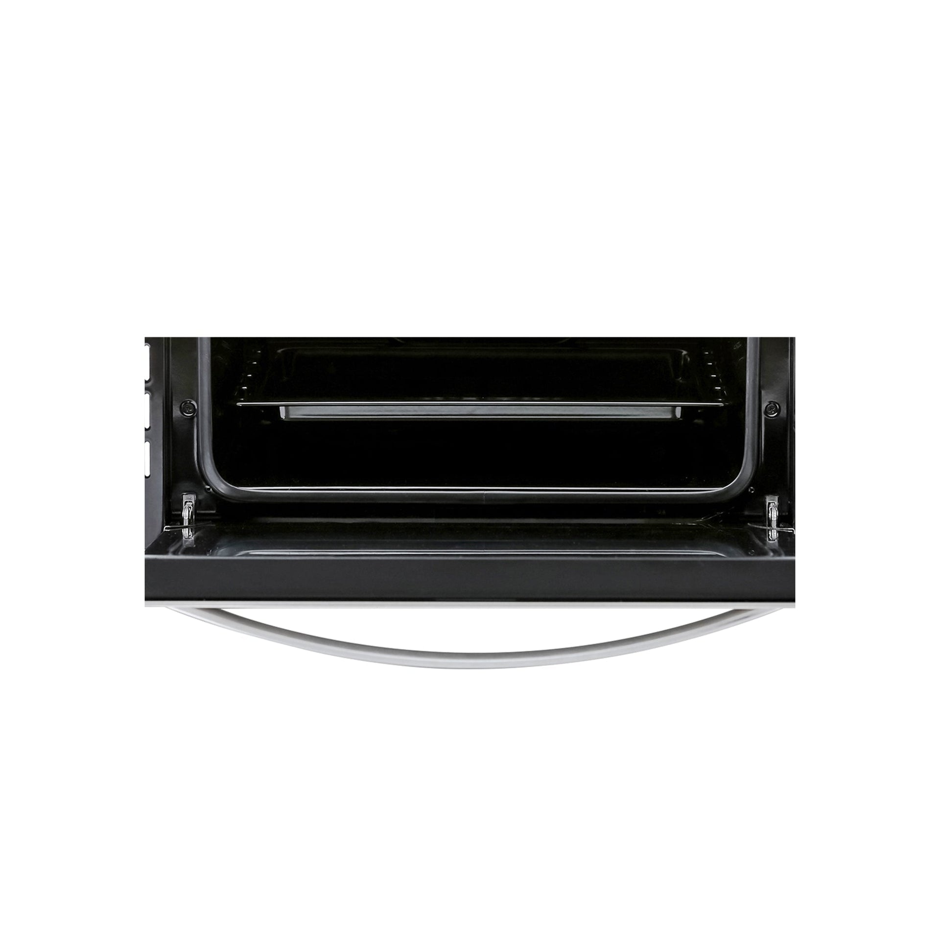 a-close-up-image-of-an-open-empava-24-in-electric-single-wall-oven-showcasing-a-stainless-steel-interior-with-one-rack-positioned-near-the-middle-the-door-is-angled-downwards-and-the-control-knobs-are-partially-visible-on-the-left-the-background-is-white-highlighting-the-oven