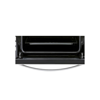 A close-up image of an open Empava 24 in. Electric Single Wall Oven, showcasing a stainless steel interior with one rack positioned near the middle. The door is angled downwards, and the control knobs are partially visible on the left. The background is white, highlighting the oven.5