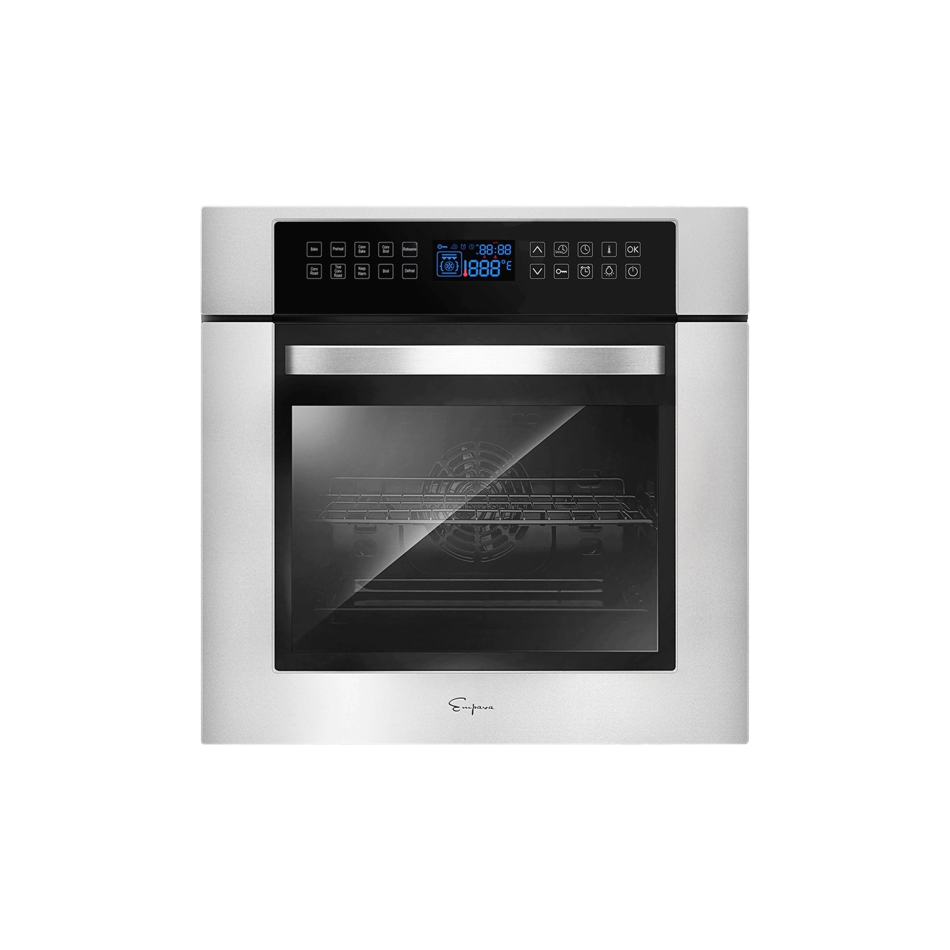 the-empava-24-in-electric-single-wall-oven-is-a-modern-stainless-steel-built-in-appliance-featuring-a-digital-control-panel-that-displays-time-and-temperature-settings-the-oven-door-boasts-a-large-glass-window-and-the-interior-includes-visible-wire-racks-the-brand-logo-is-positioned-at-the-bottom-center-of-the-front-panel