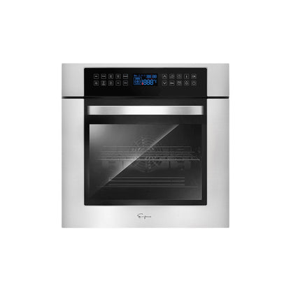 The Empava 24 in. Electric Single Wall Oven is a modern, stainless steel built-in appliance featuring a digital control panel that displays time and temperature settings. The oven door boasts a large glass window, and the interior includes visible wire racks. The brand logo is positioned at the bottom center of the front panel.1