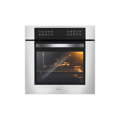 The Empava 24 in. Electric Single Wall Oven is a modern stainless steel appliance featuring a digital control panel at the top. The oven door boasts a large glass window that reveals the interior light illuminating the oven racks inside. The Empava logo is prominently displayed near the bottom center of the unit.2