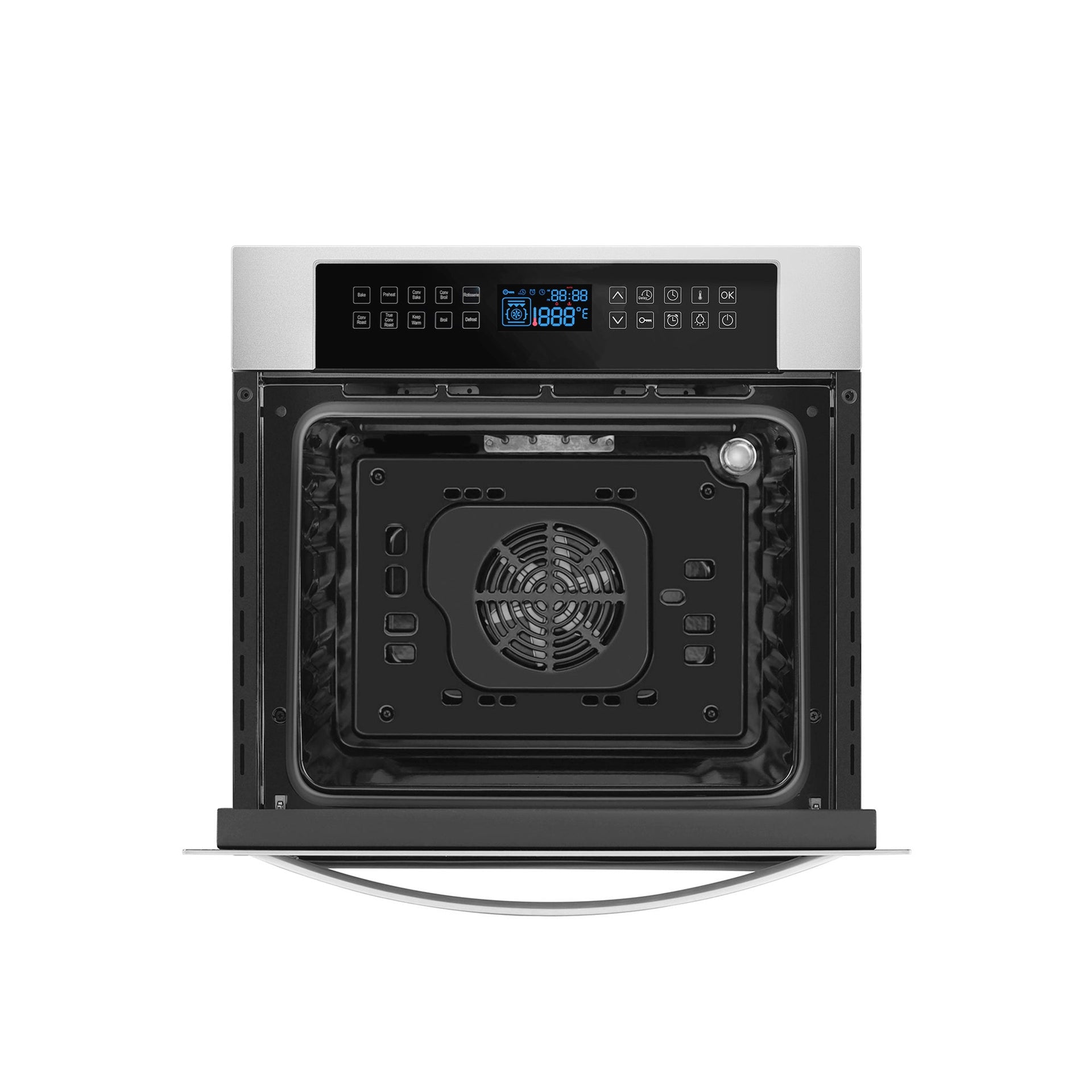 an-empava-24-in-electric-single-wall-oven-with-a-modern-stainless-steel-design-shown-with-its-door-open-to-reveal-an-interior-featuring-a-convection-fan-at-the-back-the-control-panel-on-top-displays-digital-settings-and-various-function-buttons-while-the-oven-cavity-includes-multiple-rack-positions