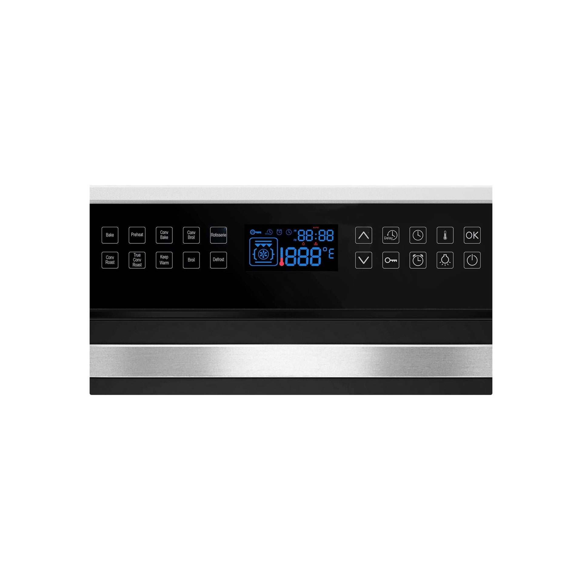 the-control-panel-of-an-empava-24-in-electric-single-wall-oven-features-various-buttons-and-a-digital-display-showing-1888-88-88-c-the-panel-includes-options-for-power-preset-temperature-control-timer-and-other-settings-the-design-showcases-a-black-background-with-metallic-accents