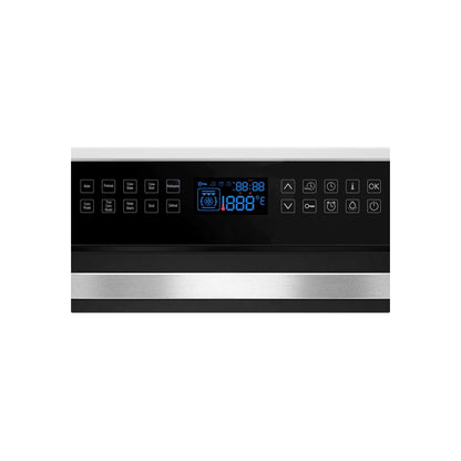 The control panel of an Empava 24 in. Electric Single Wall Oven features various buttons and a digital display showing "1888, 88.88°C." The panel includes options for power, preset, temperature control, timer, and other settings. The design showcases a black background with metallic accents.6