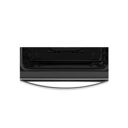 Close-up view of the front panel of a modern Empava 24 in. Electric Single Wall Oven, featuring a sleek black design with a stainless steel handle. The oven door is slightly open, revealing a glimpse of the interior.
7