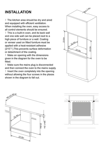 Installation instructions for the Empava 24 in. Electric Single Wall Oven include a detailed diagram featuring a labeled 3D model of a built-in oven cabinet, with specified dimensions of 22.8 inches in width, 23.6 inches in height, and 21.1 inches in depth. The accompanying text from Empava Appliances provides essential guidelines on ensuring proper ventilation to prevent heat damage and outlines the steps to connect and seamlessly fit the oven into place.9