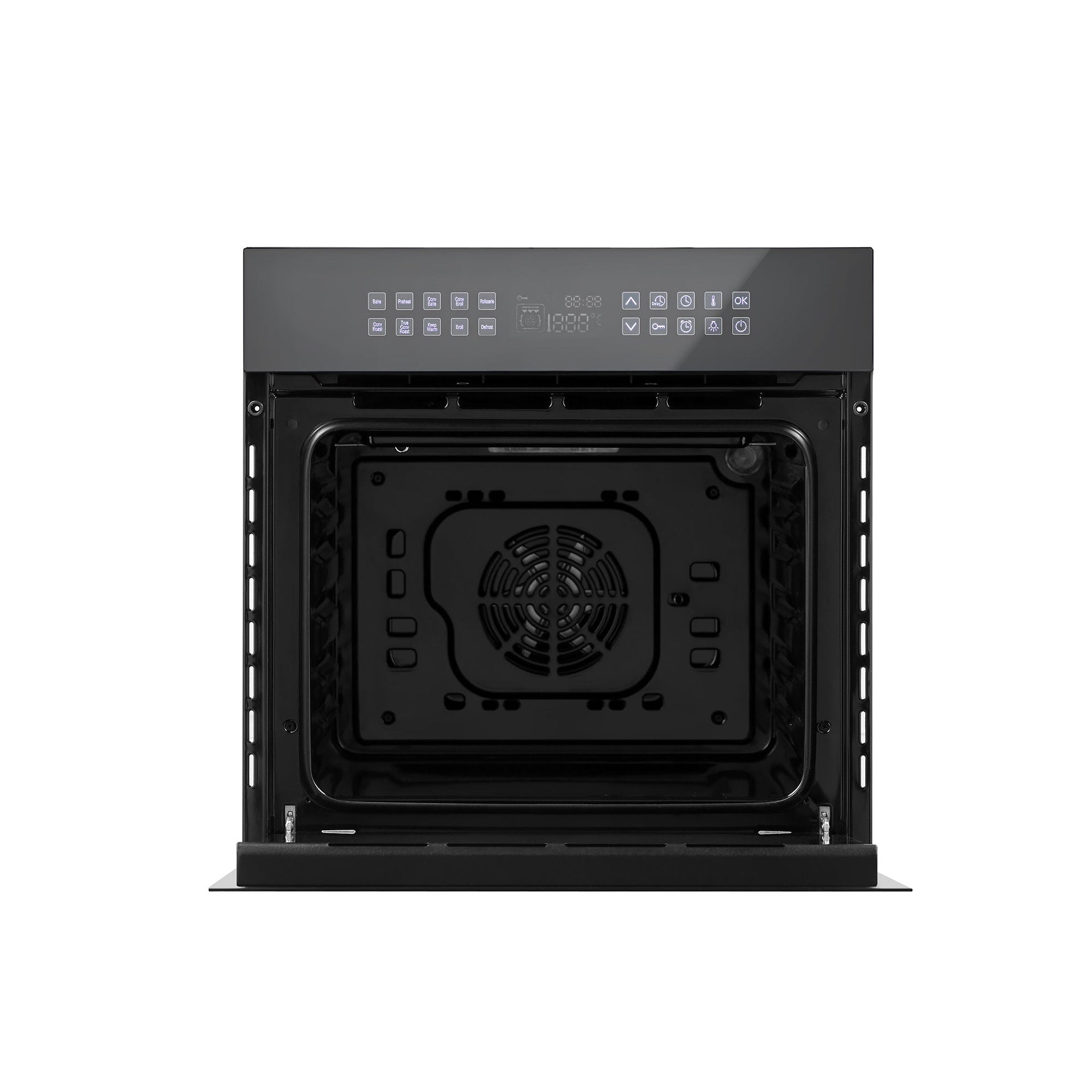 a-sleek-black-24-inch-empava-electric-single-wall-oven-with-the-door-open-revealing-the-interior-the-ovens-inside-features-a-fan-at-the-back-for-convection-cooking-the-control-panel-above-the-door-includes-various-touch-buttons-and-a-digital-display-the-overall-design-is-modern-and-minimalistic