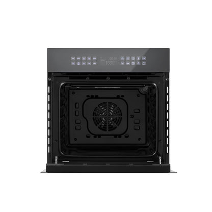 A sleek black 24-inch Empava Electric Single Wall Oven with the door open, revealing the interior. The oven's inside features a fan at the back for convection cooking. The control panel above the door includes various touch buttons and a digital display. The overall design is modern and minimalistic.6