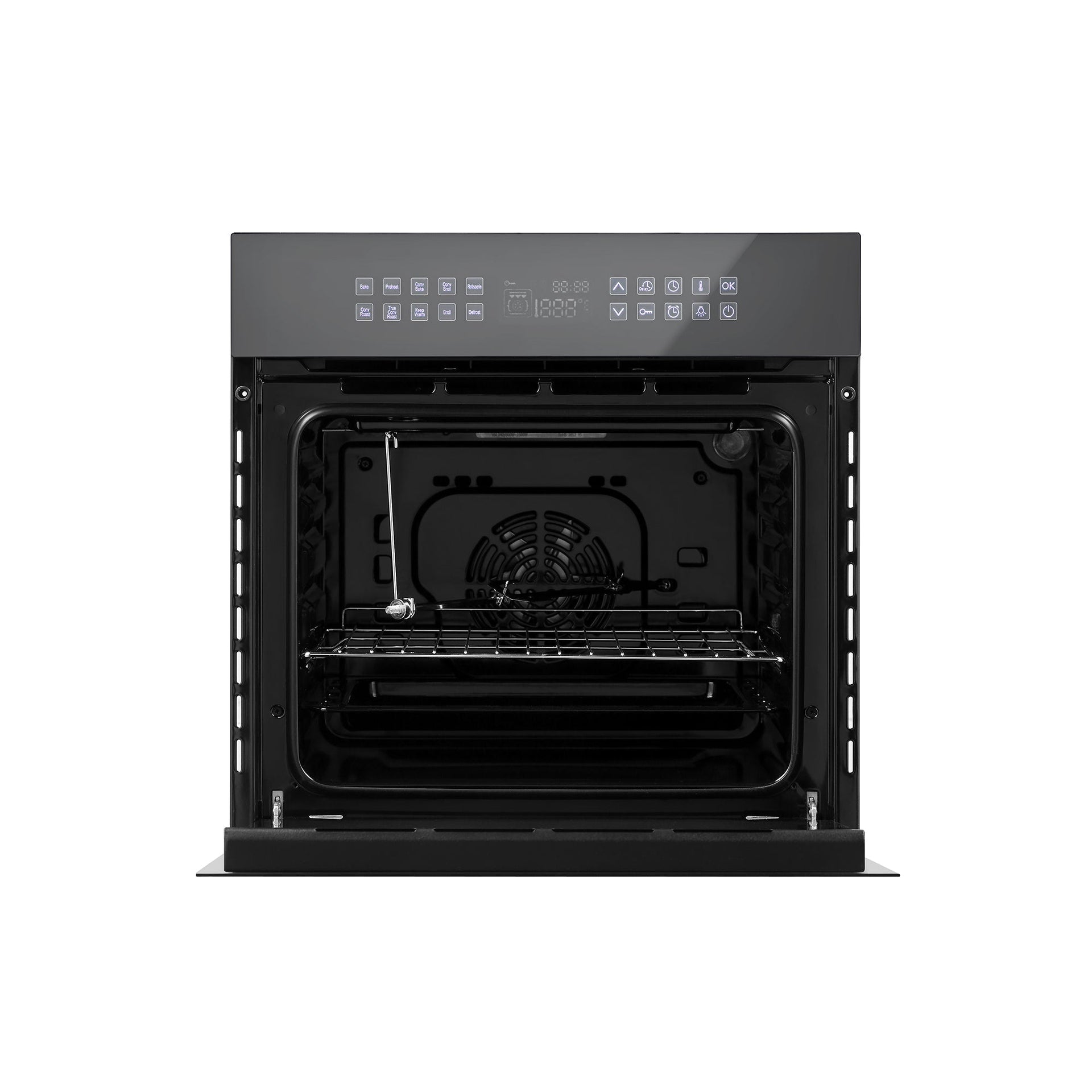 the-empava-24-in-electric-single-wall-oven-is-a-modern-black-built-in-appliance-featuring-an-open-door-a-retractable-oven-rack-and-a-digital-control-panel-at-the-top-with-various-buttons-and-a-display-screen-inside-it-includes-a-fan-heating-elements-and-a-rotisserie-spit-the-well-lit-interior-ensures-excellent-visibility-while-cooking