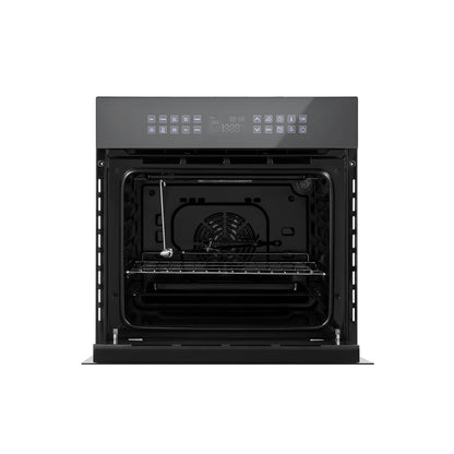 The Empava 24 in. Electric Single Wall Oven is a modern black built-in appliance featuring an open door, a retractable oven rack, and a digital control panel at the top with various buttons and a display screen. Inside, it includes a fan, heating elements, and a rotisserie spit. The well-lit interior ensures excellent visibility while cooking.4