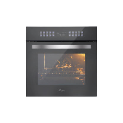 The Empava 24 in. Electric Single Wall Oven is a sleek black built-in appliance featuring a modern touch control panel on top. Its door includes a transparent glass window that allows you to see the food being cooked inside, illuminated by interior lighting. The Empava brand logo is prominently displayed at the bottom center of the door.3
