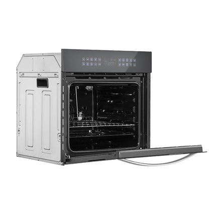 An open Empava 24 in. Electric Single Wall Oven reveals a pristine, stainless steel interior with an empty oven cavity. Its door pulled down, the front panel showcases various touch controls and indicators. The clean interior features a rack positioned in the middle, all encapsulated within a modern and sleek design.2