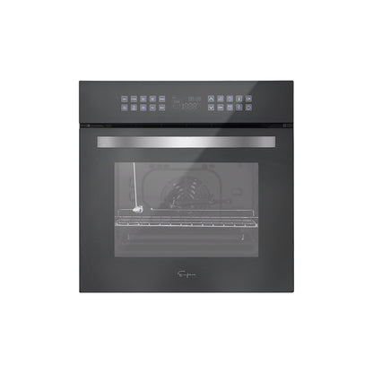 The Empava 24 in. Electric Single Wall Oven boasts a sleek and modern design, featuring a stainless steel exterior with a digital control panel prominently displayed on the front. The oven door includes a large glass window, and the interior is equipped with a metal rack and a heating element positioned at the back.1