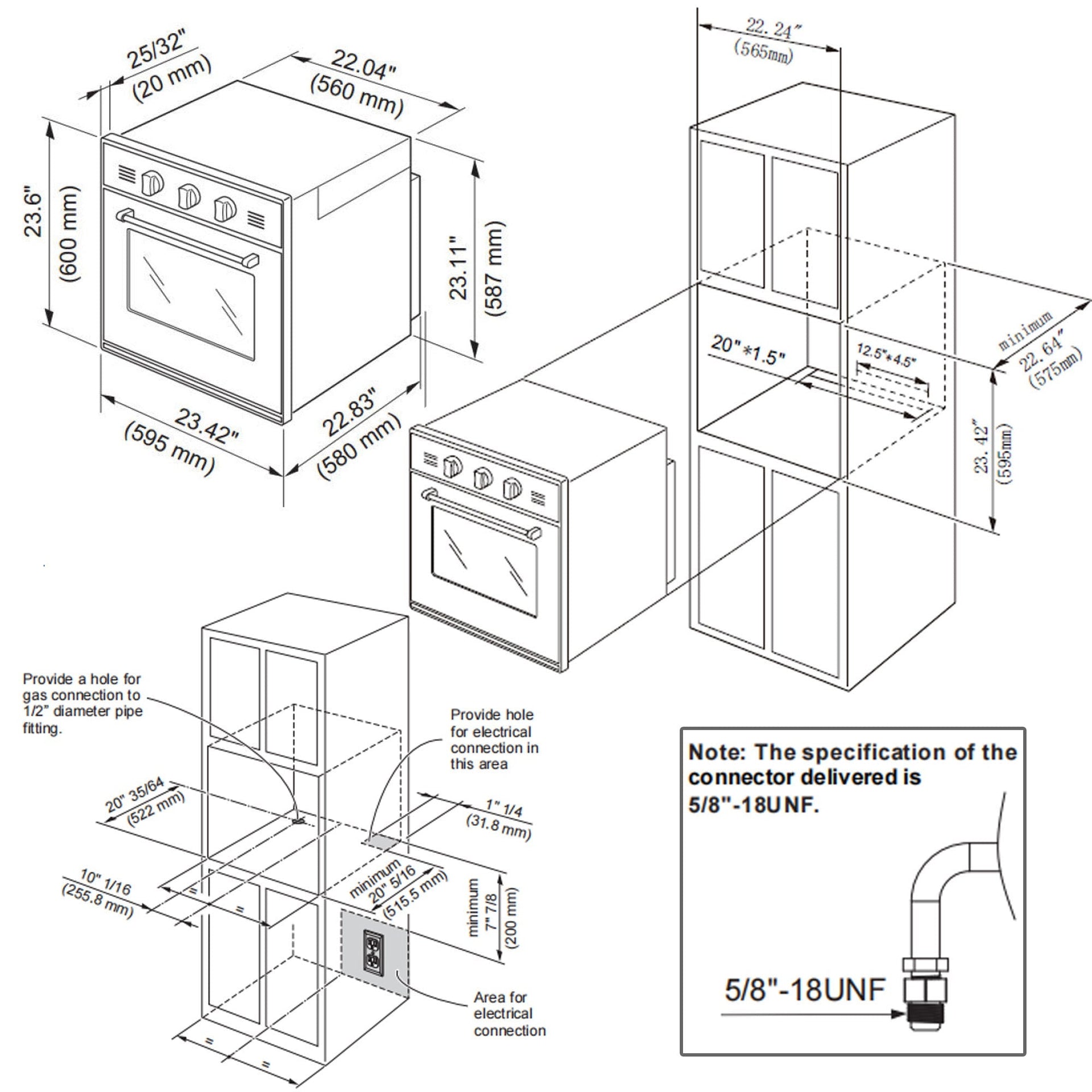 a-technical-diagram-illustrating-the-installation-dimensions-for-an-empava-24-in-2-3-cu-ft-gas-wall-oven-lpg-only-and-its-connector-specifications-the-diagram-shows-the-necessary-cabinet-dimensions-and-installation-instructions-including-a-note-about-the-5-8-18unf-gas-connector-fitting