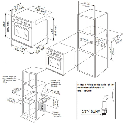 A technical diagram illustrating the installation dimensions for an Empava 24 in 2.3 Cu. ft. Gas Wall Oven (LPG only) and its connector specifications. The diagram shows the necessary cabinet dimensions and installation instructions, including a note about the 5/8"-18UNF gas connector fitting.8