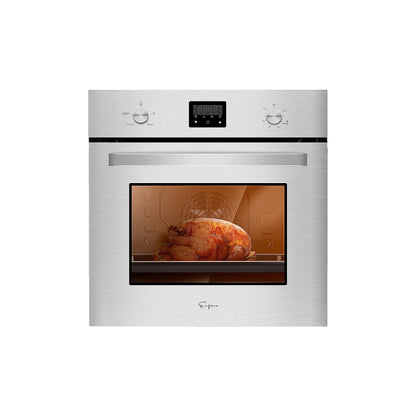 The Empava 24 in 2.3 Cu. ft. Gas Wall Oven, designed exclusively for LPG, features a digital display and two control knobs crafted from stainless steel. The oven door boasts a large transparent window, revealing a perfectly roasted chicken inside.1
