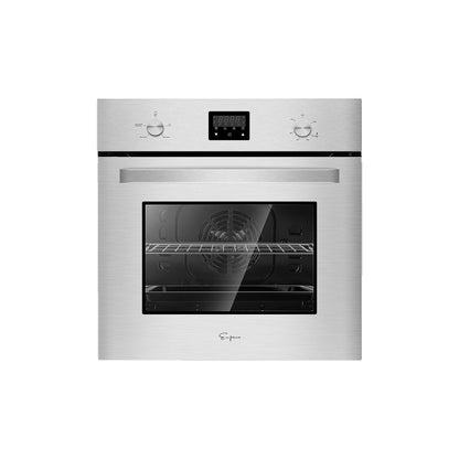 The Empava 24 in 2.3 Cu. ft. Gas Wall Oven, designed exclusively for LPG, features a stainless steel build and a black glass door. It includes two control knobs and a digital display panel at the top. Inside, there is a metal rack positioned in the middle, with the brand name visible at the bottom of the door.3