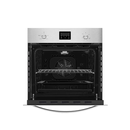 An Empava 24-inch, 2.3 cu. ft gas wall oven (for LPG only) with its door open. The interior features a central rack and a lower baking tray. The control panel at the top includes two dials and a digital display screen. The oven boasts a modern, sleek design, ideal for contemporary kitchens.4