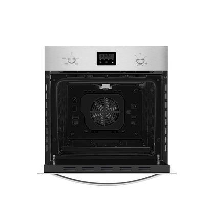 The Empava 24 in 2.3 Cu. ft. Gas Wall Oven, designed exclusively for LPG, is pictured with its sleek, modern stainless steel door open, revealing the interior. This built-in oven features a digital display and two control dials on the top panel. Inside, you'll find a fan at the back and multiple slots for racks, making it perfect for all your cooking needs.
5