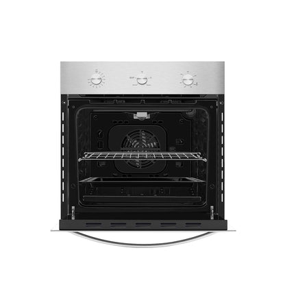 Image of an open stainless steel Empava 24 inch 2.3 Cu. ft. Gas Wall Oven - Only For LPG, featuring a front control panel with three knobs. Inside the oven, there are two racks and a fan at the back. The door is lowered and partially visible.4