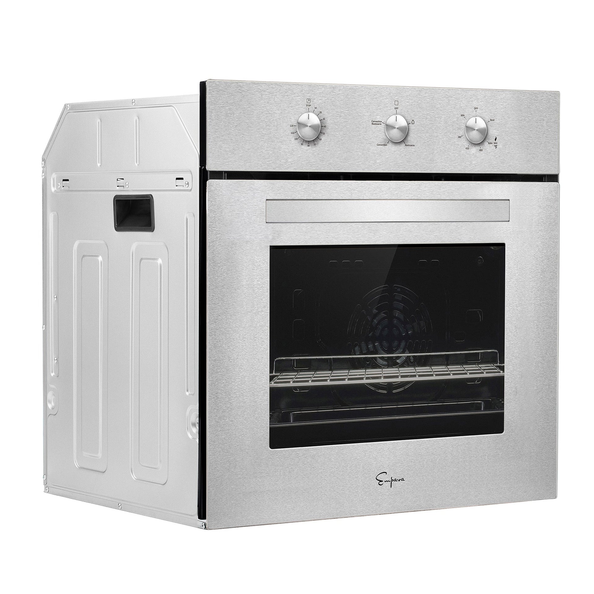 an-empava-24-inch-2-3-cu-ft-gas-wall-oven-only-for-lpg-with-a-stainless-steel-exterior-and-a-black-tinted-glass-door-is-shown-from-an-angle-revealing-its-side-and-front-the-front-features-three-control-knobs-on-the-top-panel-above-the-door-while-the-interior-contains-metal-racks-and-has-a-visible-fan-at-the-back
