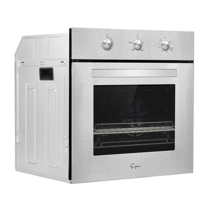 An Empava 24 inch 2.3 Cu. ft. Gas Wall Oven - Only For LPG with a stainless steel exterior and a black-tinted glass door is shown from an angle, revealing its side and front. The front features three control knobs on the top panel above the door, while the interior contains metal racks and has a visible fan at the back.2