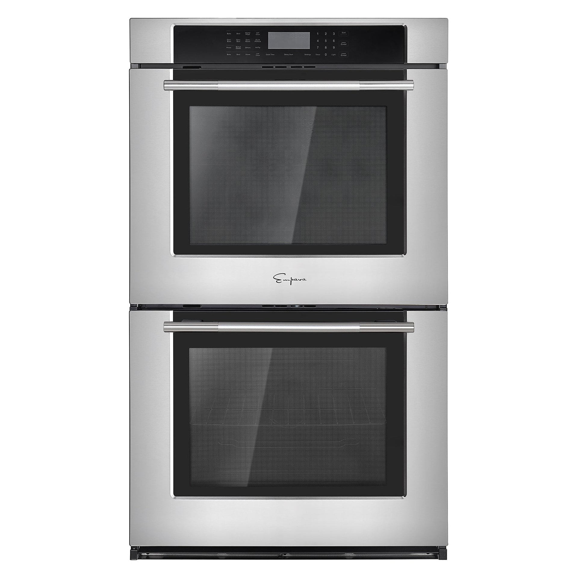 introducing-the-empava-30-electric-double-wall-oven-a-modern-stainless-steel-appliance-with-a-sleek-design-the-top-oven-boasts-a-digital-control-panel-conveniently-located-above-the-door-while-both-ovens-provide-dual-zones-and-large-glass-windows-for-an-excellent-view-of-the-interior-it-even-features-an-air-frying-function-to-make-healthy-meals-crispier-the-brand-logo-is-elegantly-centered-between-the-ovens