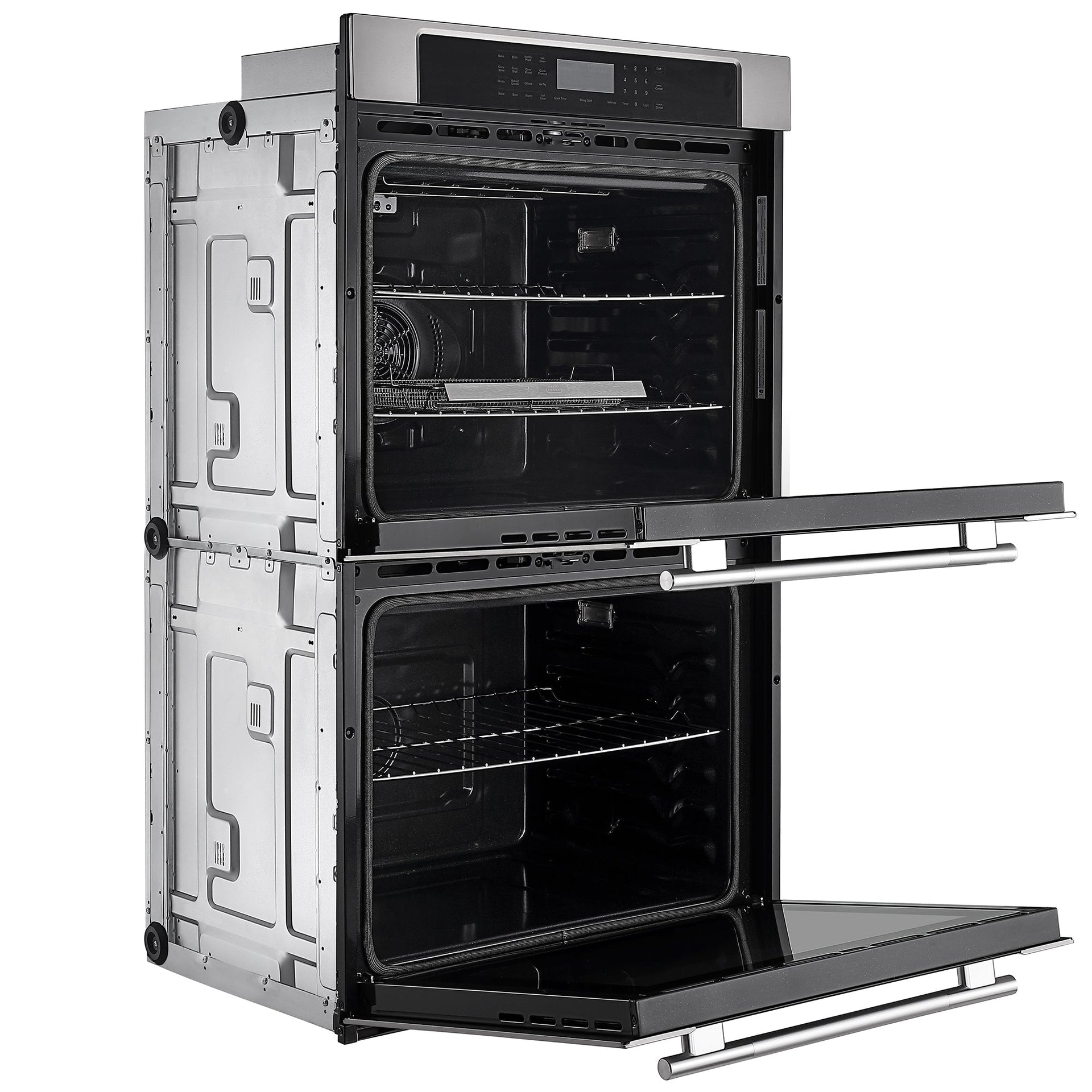the-empava-30-electric-double-wall-oven-with-both-doors-open-showcases-its-multiple-racks-and-a-sleek-control-panel-at-the-top-the-stainless-steel-exterior-is-elegantly-accented-with-black-around-the-oven-windows-this-dual-zone-appliance-is-perfect-for-air-frying-and-keeping-food-warm