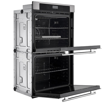 The Empava 30" Electric Double Wall Oven, with both doors open, showcases its multiple racks and a sleek control panel at the top. The stainless steel exterior is elegantly accented with black around the oven windows. This dual-zone appliance is perfect for air frying and keeping food warm.9