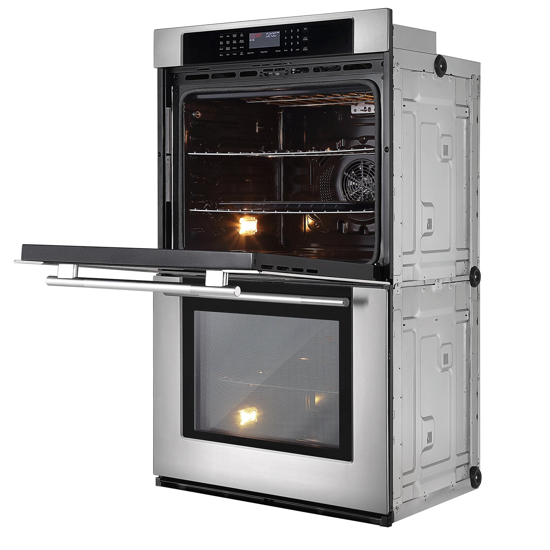 the-empava-30-electric-double-wall-oven-with-its-top-door-open-showcases-the-illuminated-interior-the-control-panel-positioned-above-the-top-oven-door-features-a-variety-of-buttons-and-settings-for-dual-zones-and-air-frying-meanwhile-the-bottom-oven-door-remains-closed-and-the-exterior-sides-display-a-sleek-metallic-finish