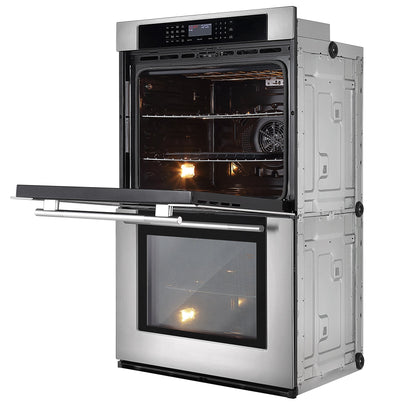 The Empava 30" Electric Double Wall Oven, with its top door open, showcases the illuminated interior. The control panel, positioned above the top oven door, features a variety of buttons and settings for dual zones and air frying. Meanwhile, the bottom oven door remains closed, and the exterior sides display a sleek metallic finish.7