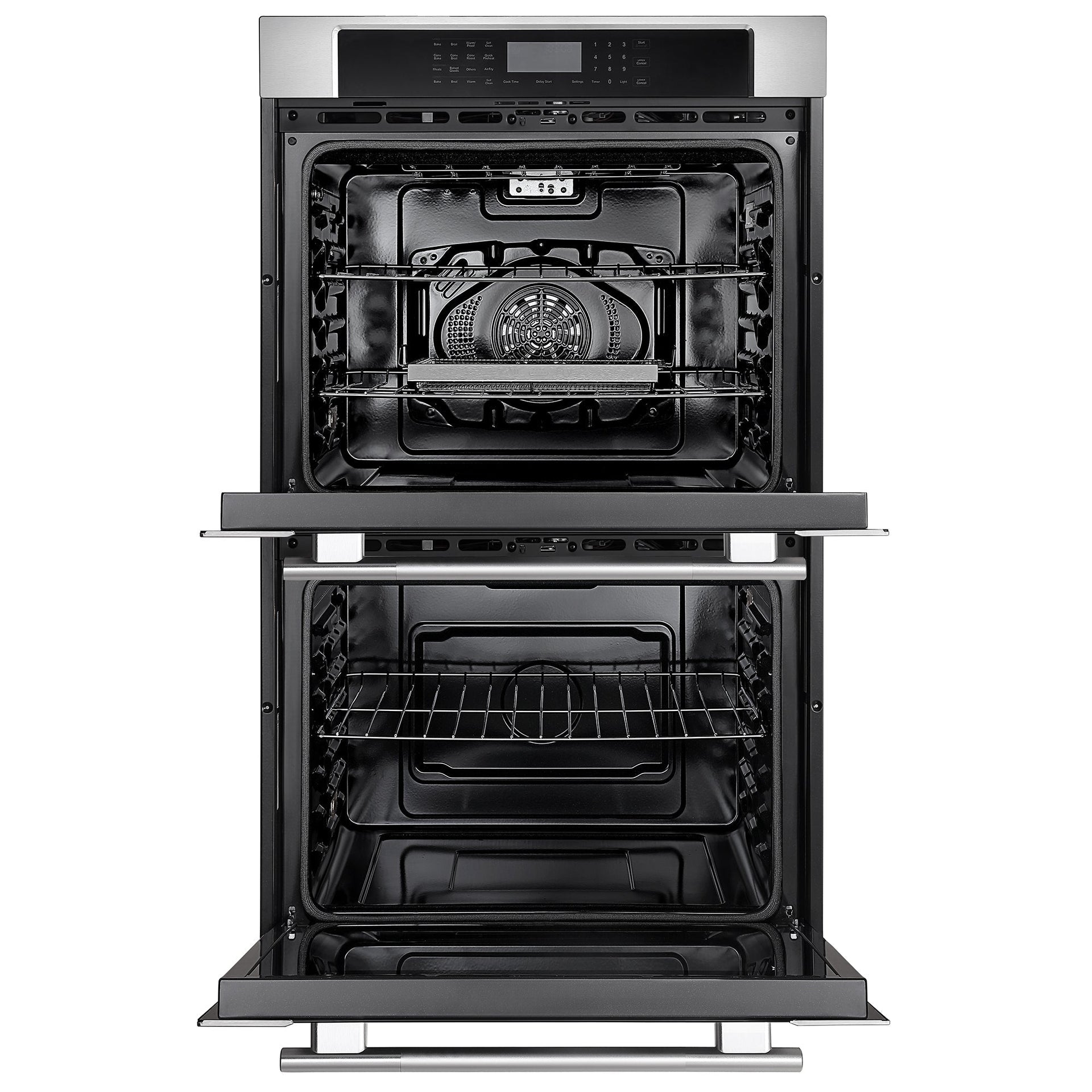 the-empava-30-electric-double-wall-oven-features-a-modern-stainless-steel-design-with-both-upper-and-lower-doors-open-showcasing-dual-zones-for-versatile-cooking-and-an-air-frying-feature-the-upper-oven-includes-two-shelves-while-the-lower-oven-is-equipped-with-one-shelf-the-control-panel-is-conveniently-located-above-the-upper-door