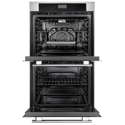 The Empava 30" Electric Double Wall Oven features a modern stainless steel design with both upper and lower doors open, showcasing dual zones for versatile cooking and an air frying feature. The upper oven includes two shelves, while the lower oven is equipped with one shelf. The control panel is conveniently located above the upper door.6
