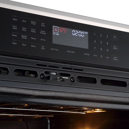Close-up of the Empava 30" Electric Double Wall Oven control panel, displaying a temperature of 325°F and a timer. The panel features various cooking modes and functions such as convection bake, keep food warm, quick preheat, air frying, light settings, and self-cleaning. The oven interior is illuminated.13