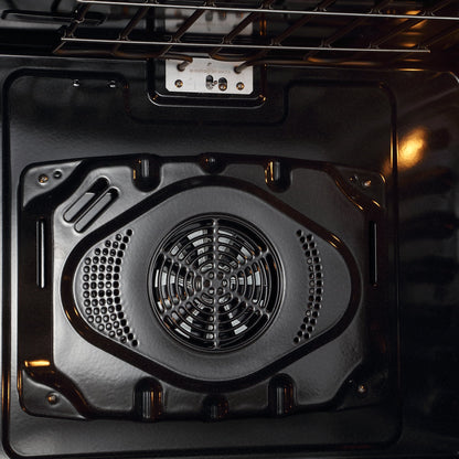 Close-up view of the interior of the Empava 30" Electric Double Wall Oven, highlighting the fan and heating element positioned at the back. The fan is encased in a perforated metal cover, ideal for air frying. The interior looks clean and well-maintained, with oven racks seen at the top.14