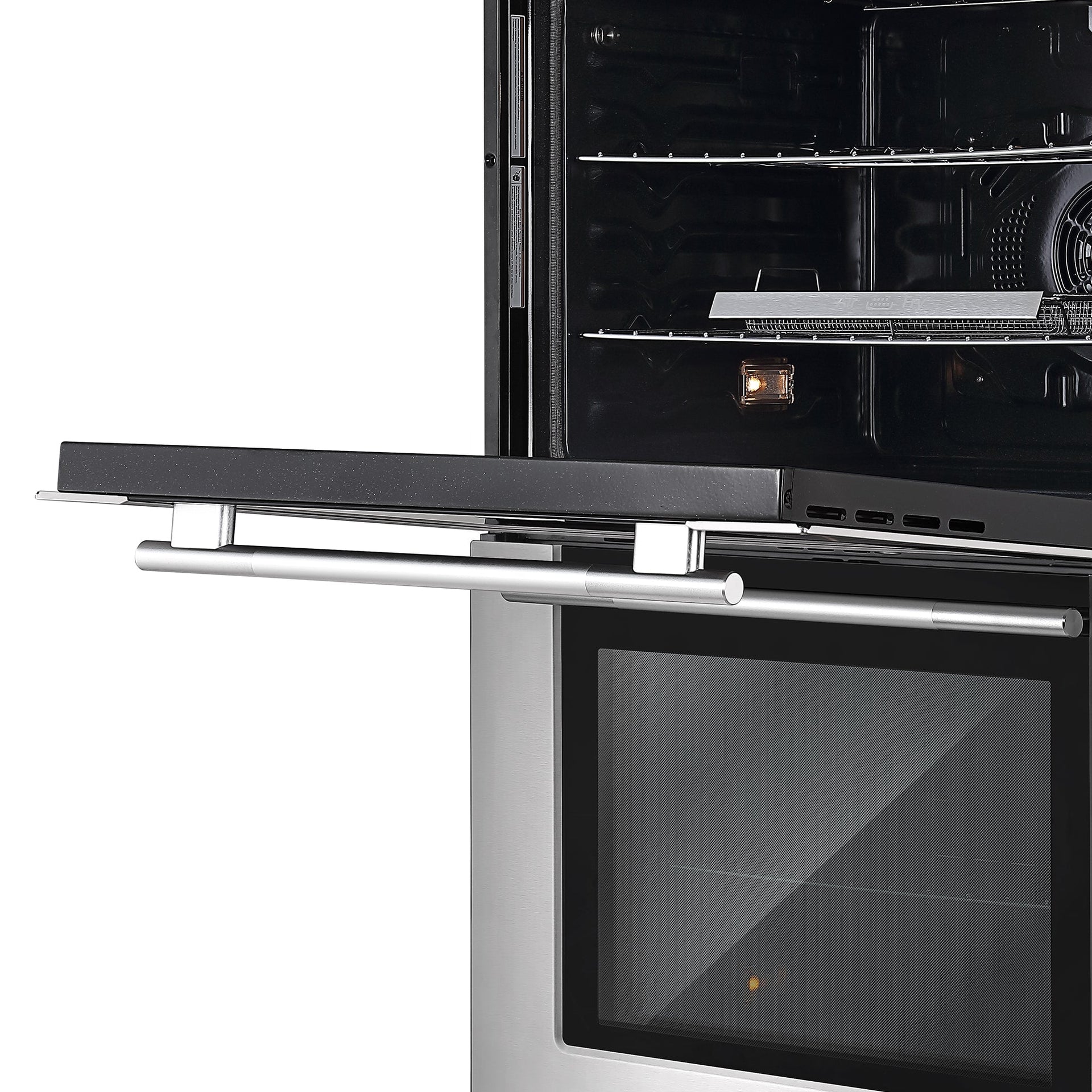 a-close-up-image-of-an-open-empava-30-electric-double-wall-oven-with-the-door-partially-open-reveals-two-racks-inside-the-ovens-interior-light-is-on-illuminating-the-dark-interior-the-control-panel-and-handle-are-visible-showcasing-the-sleek-modern-design-and-dual-zones-for-versatile-cooking