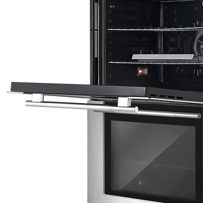 A close-up image of an open Empava 30" Electric Double Wall Oven with the door partially open reveals two racks inside. The oven's interior light is on, illuminating the dark interior. The control panel and handle are visible, showcasing the sleek modern design and dual zones for versatile cooking.15