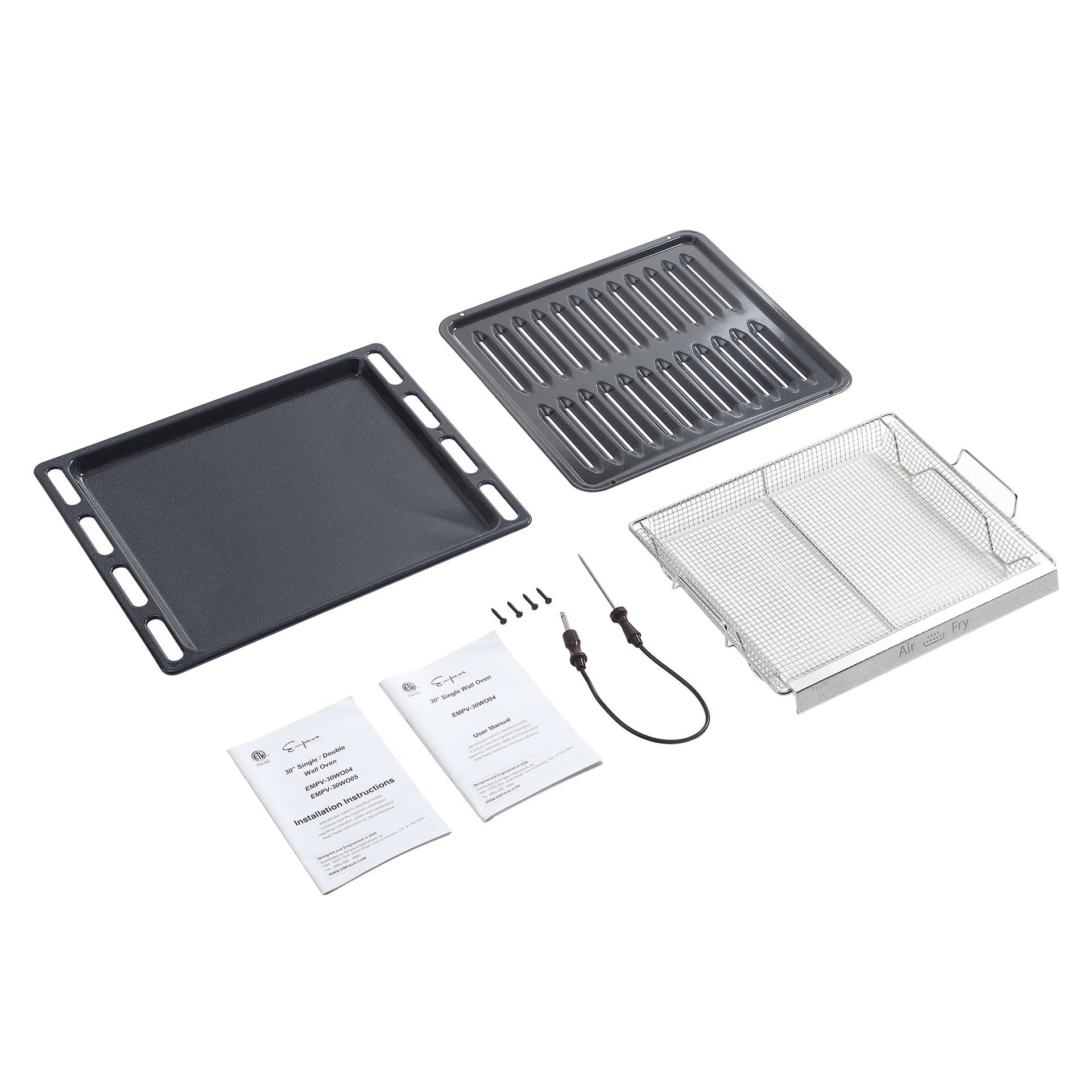 the-image-showcases-various-accessories-ideal-for-air-frying-compatible-with-the-empava-30-electric-double-wall-oven-these-include-a-flat-baking-tray-a-ridged-grill-tray-a-metal-mesh-basket-with-handles-four-small-black-screws-a-temperature-probe-and-two-instruction-manuals-all-items-are-neatly-arranged-against-a-plain-white-background
