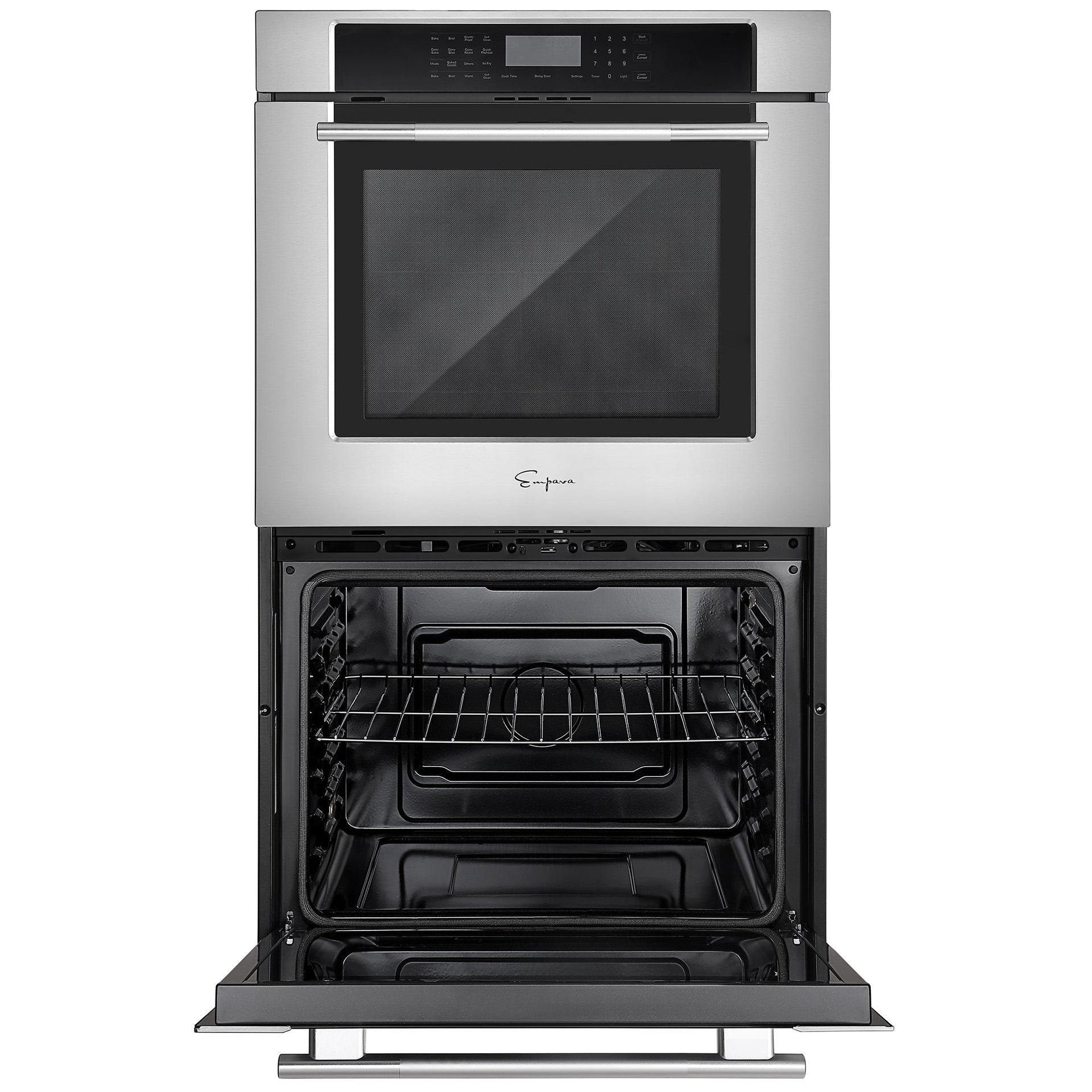 the-empava-30-electric-double-wall-oven-is-a-stainless-steel-built-in-oven-featuring-a-digital-control-panel-at-the-top-the-open-oven-door-showcases-the-interior-with-a-single-rack-and-dual-zones-for-cooking-versatility-the-oven-boasts-a-sleek-modern-design-and-appears-clean-and-empty