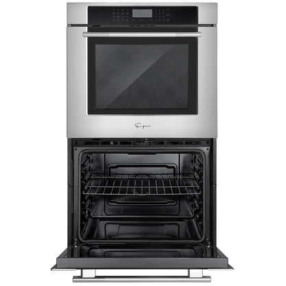 The Empava 30" Electric Double Wall Oven is a stainless steel, built-in oven featuring a digital control panel at the top. The open oven door showcases the interior with a single rack and dual zones for cooking versatility. The oven boasts a sleek, modern design and appears clean and empty.2