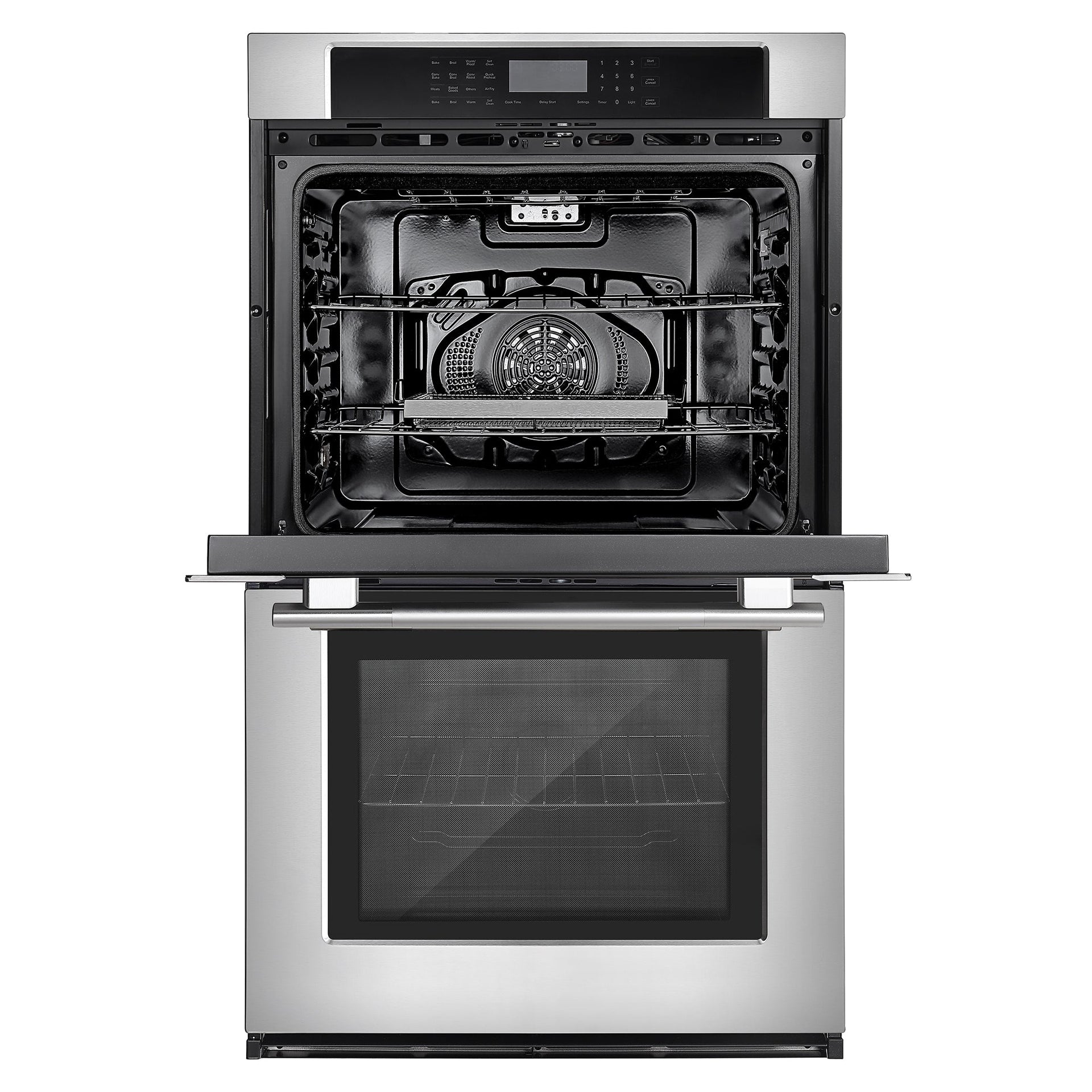 the-empava-30-electric-double-wall-oven-is-showcased-with-its-stainless-steel-door-open-revealing-the-interior-racks-the-sleek-control-panel-above-the-oven-door-features-a-digital-display-and-various-buttons-for-settings-and-controls-highlighting-its-modern-design-this-oven-also-boasts-dual-zones-for-enhanced-cooking-versatility