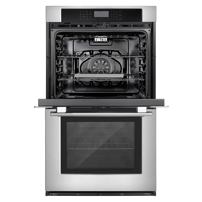 The Empava 30" Electric Double Wall Oven is showcased with its stainless steel door open, revealing the interior racks. The sleek control panel above the oven door features a digital display and various buttons for settings and controls, highlighting its modern design. This oven also boasts dual zones for enhanced cooking versatility.3
